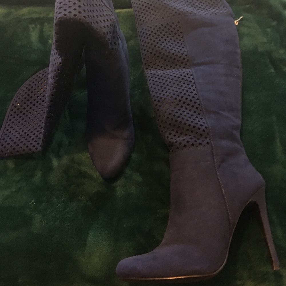 Navy blue high heeled boots